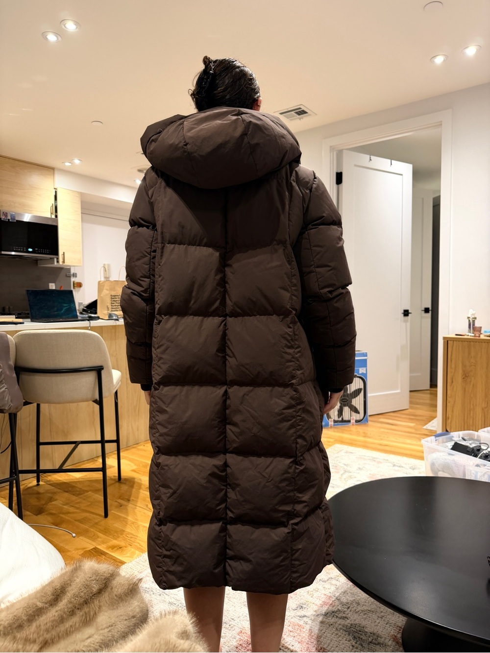 Babaton Long Hooded Puffer Coat in Dark Brown
